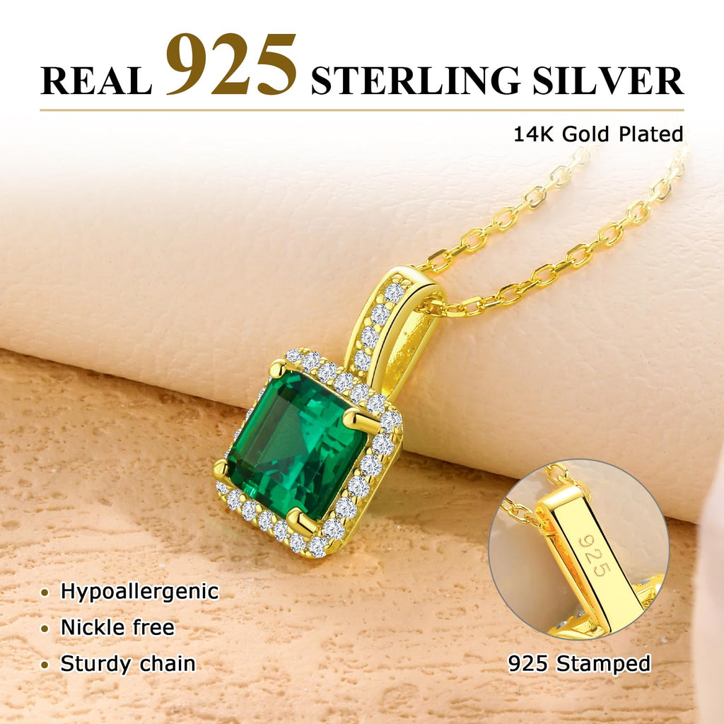 AGRULE Simple Emerald Necklace for Women Wedding Anniversary 14K Gold Plated Sterling Silver Rolo Chain Diamond Accented Green Solitaire Pendant