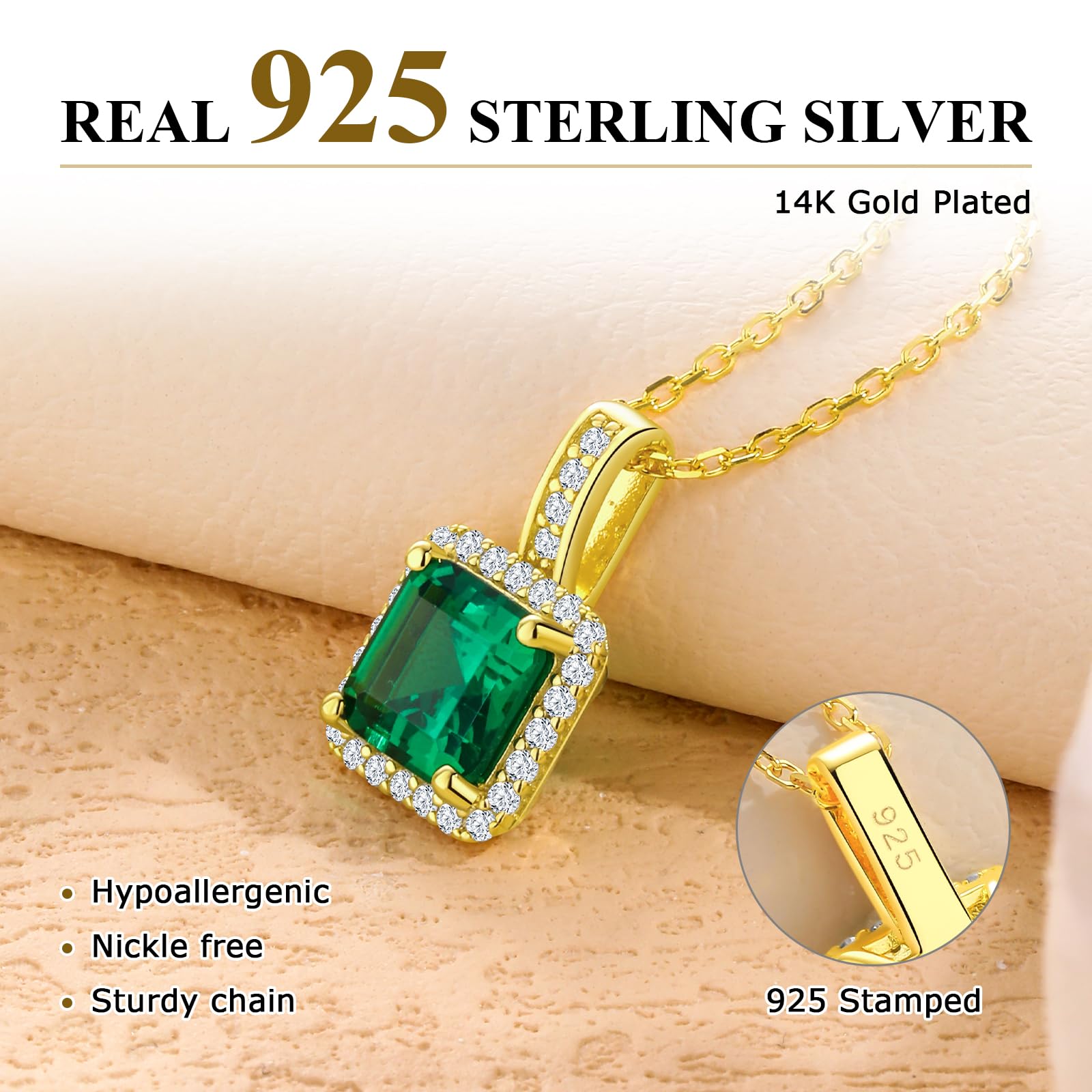 AGRULE Simple Emerald Necklace for Women Wedding Anniversary 14K Gold Plated Sterling Silver Rolo Chain Diamond Accented Green Solitaire Pendant