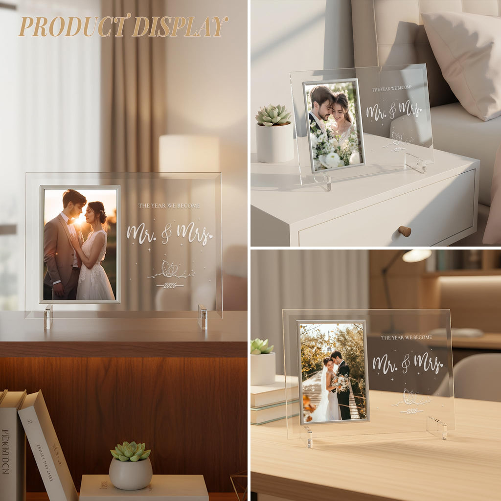 PIKPEOD Wedding Gifts for Couples 2026, Engagement Anniversary Mr and Mrs Presents for Newlyweds, Bridal Shower Gift for Bride to be, Personalized Glass Picture Frame 4x6 for His and Her