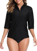 Halcurt Women's 3/4 Sleeve Rash Guard Swimsuit Top High Neck Half Zip Swim Shirt Only UPF50+ Quick Dry Bathing Suit Black M