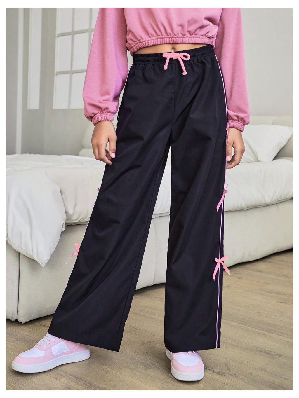 WDIRARA Girl's Bow Side Waist Track Pants Cute Wide Leg Trousers Black 11Y
