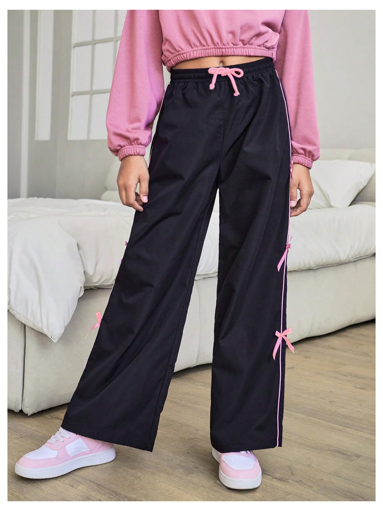 WDIRARA Girl's Bow Side Waist Track Pants Cute Wide Leg Trousers Black 11Y