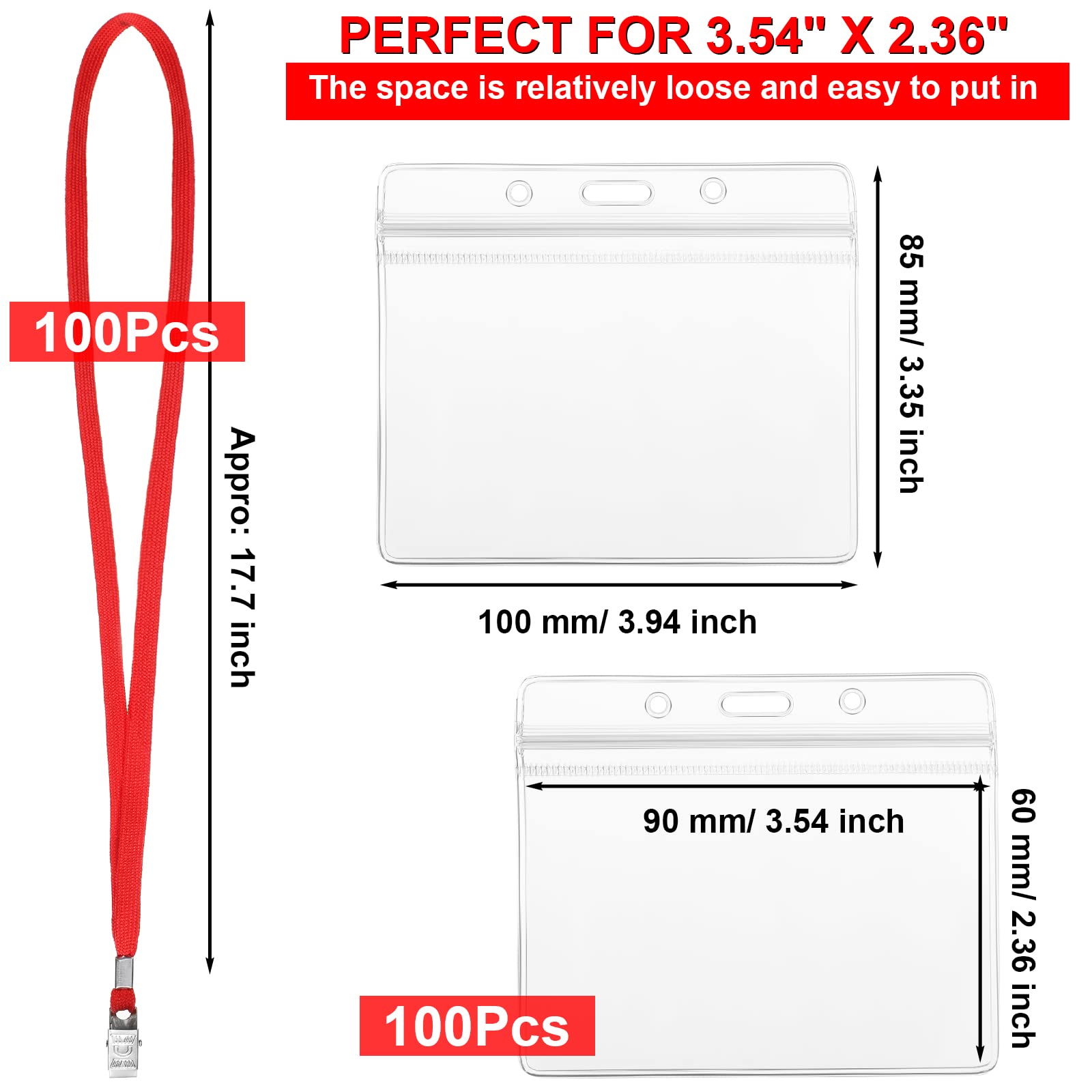 Marspark 100 Sets Clear Name Tags with Lanyard, Lanyards for ID Badges Reusable Strap with ID Holder Plastic Name Badges for Adults Business School Church Conference (Red)