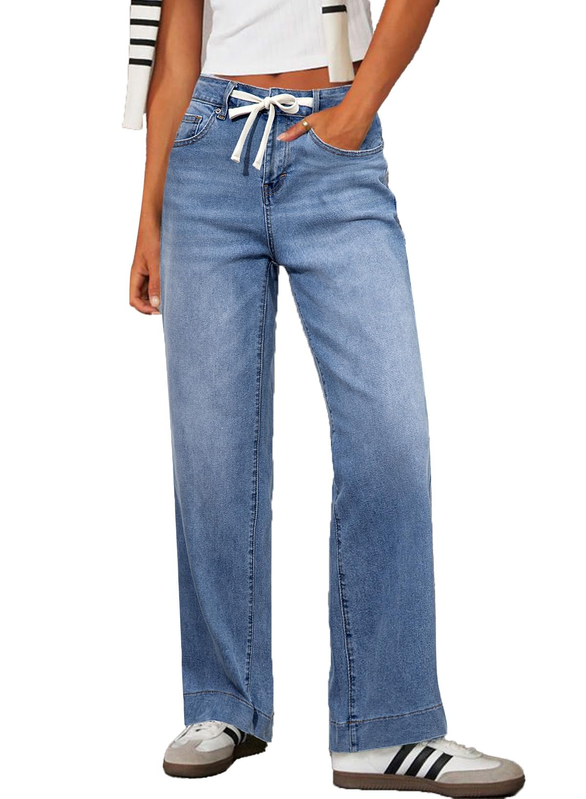 Sidefeel Women's Wide Leg Jeans High Waisted Stretchy Straight Baggy Drawstring Denim Pants Light Blue Size 8