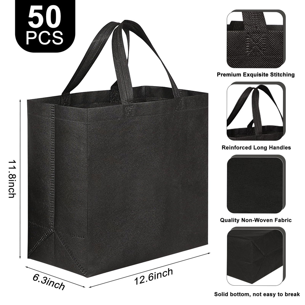 JERIA 50 Pack Black Reusable Totes Bag with Reinforced Handles Non Woven Bulk Shopping Bags