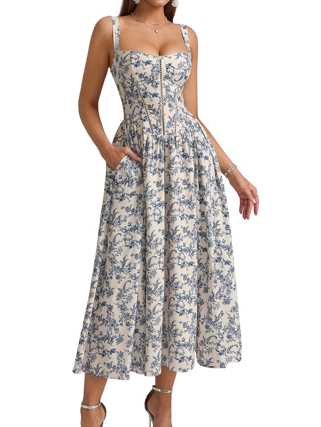 KUTUMAI Floral Corset Midi Dress Flowy Slit Summer Spring Wedding Guest Dresses for Women Sundress with Pockets BlueFloral M