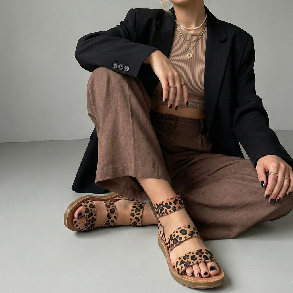 CUSHIONAIRE Indego Stretch Sandal – Lightweight Slip-On with Memory Foam & Soft Straps for All-Day Support | Casual or Dressy Summer Sandals for Women 2025, LEOPARD 9