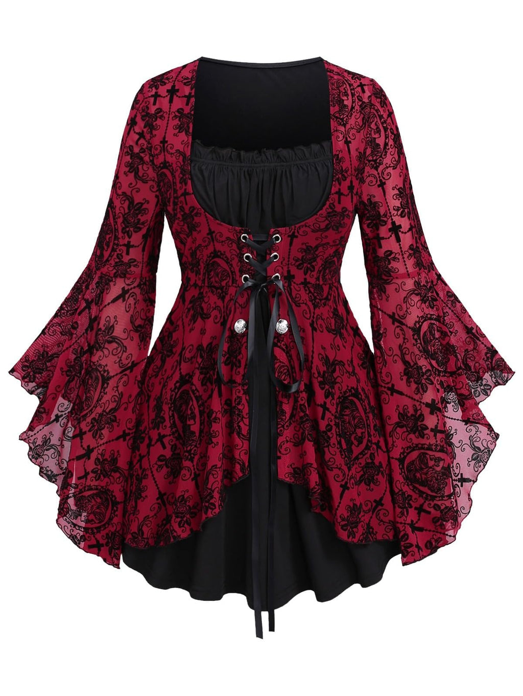 ROSE GAL Women Plus Size Flare Sleeves Ruffles Flower Lace Up 2 in 1 Top Long Sleeves Gothic Costume Top Bell Sleeves Twofer Tee(Red_2/2X)