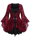 ROSE GAL Women Plus Size Flare Sleeves Ruffles Flower Lace Up 2 in 1 Top Long Sleeves Gothic Costume Top Bell Sleeves Twofer Tee(Red_2/2X)