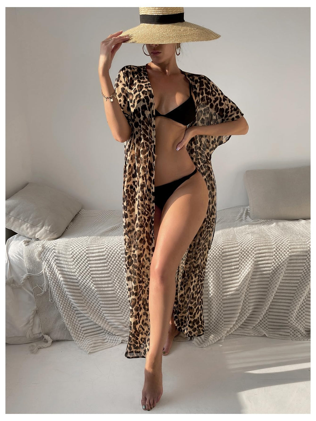 WDIRARA Women's Leopard Print Open Front Long Kimono Swimsuit Cover Up Sheer Beach Bathing Suit Coverups Multicolor Medium