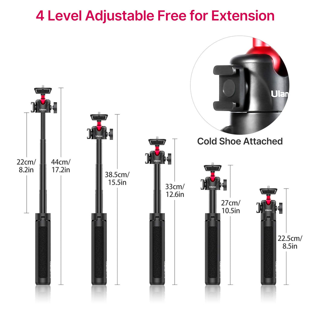 ULANZI MT-16 Extendable Mini Camera Tripod, 4 Levels Adjustment 360° Ball Head Cold Shoe Lightweight Portable Vlog Travel Selfie Stick Handle Grip Desktop Webcam Tripod for DSLR Action Camera