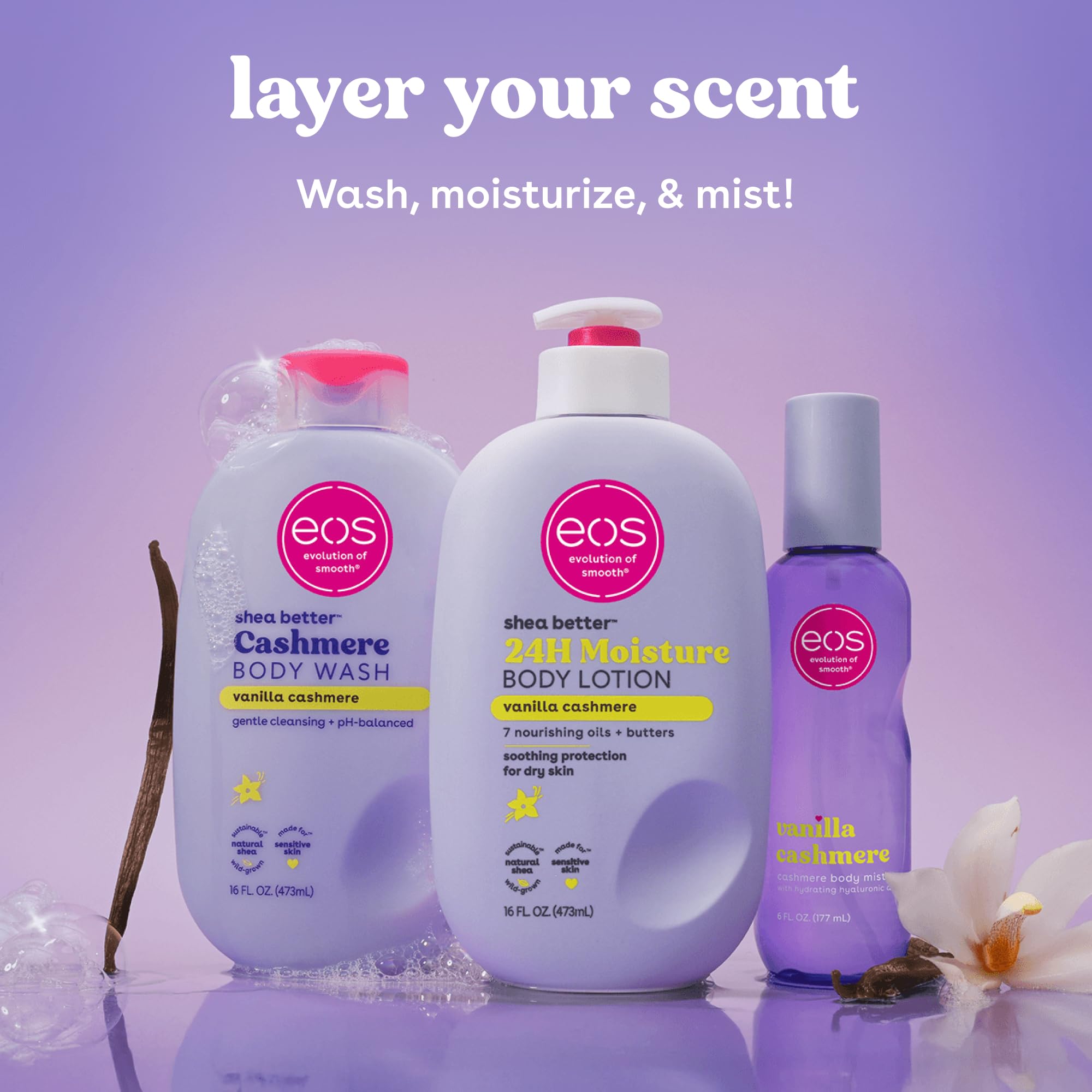 eos Cashmere Body Wash – Vanilla Cashmere, Moisturizing Body Wash, Creamy Gel Formula, with Shea Butter, Glycerin, Vitamin E, pH Balanced, Sensitive Skin, Vegan, 16 fl oz