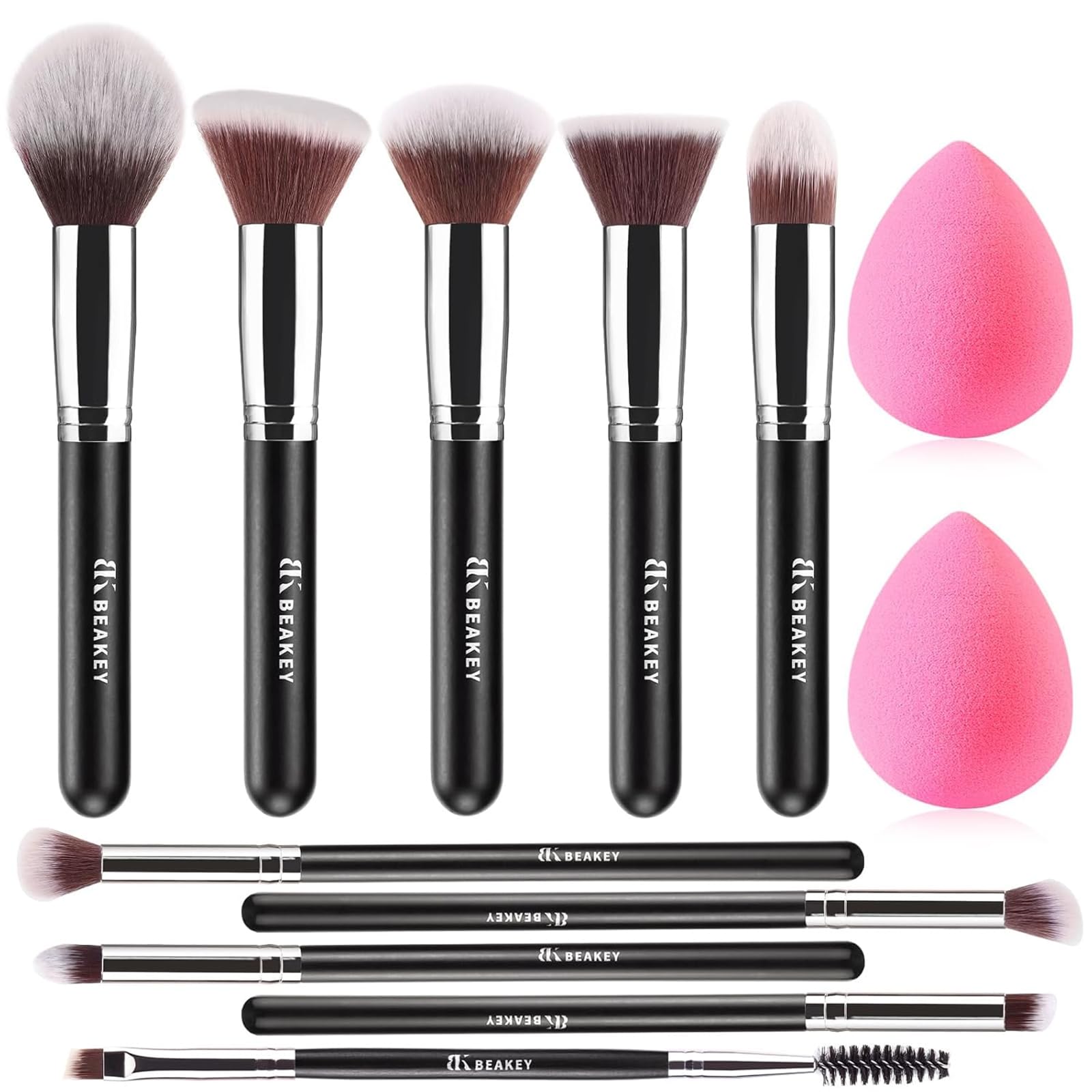 BEAKEY Makeup Brushes Set, Professional Foundation Eyeshadow Concealer Blush Powder Bronzer Applicator, 2 Blender Sponge with Beauty Paper Case,Stocking Stuffers