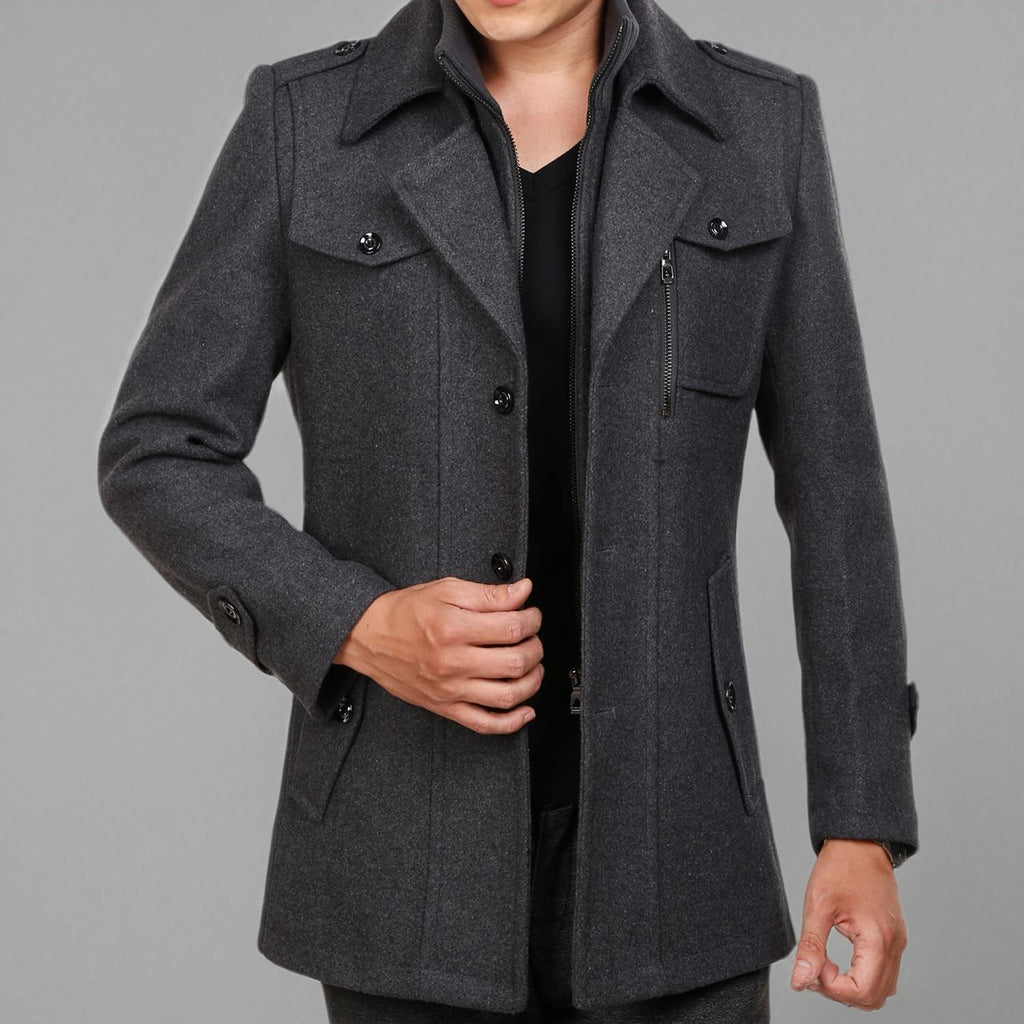 INVACHI Men's Wool Blend Coat Double Collar Trench Coat Single Breasted Overcoat for Autumn Winter