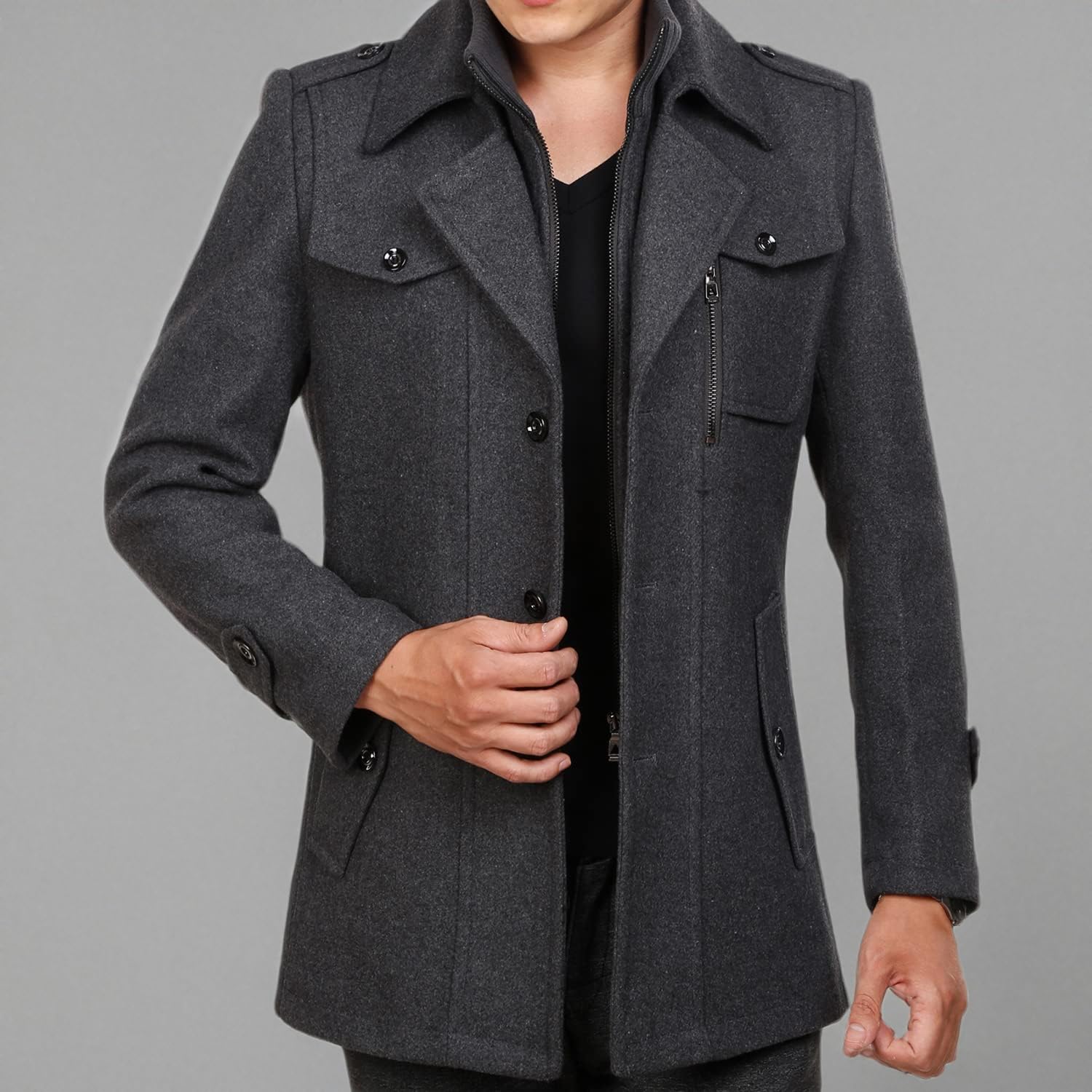 INVACHI Men's Wool Blend Coat Double Collar Trench Coat Single Breasted Overcoat for Autumn Winter