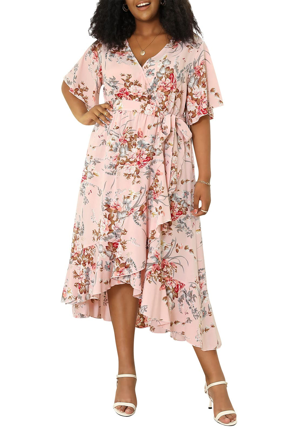 Keluummi Plus Size Maxi Dress for Women Floral Empire Waist V-Neck 3/4 Sleeve with Pockets(20 Plus, 02 - Pink Floral)