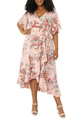 Keluummi Plus Size Maxi Dress for Women Floral Empire Waist V-Neck 3/4 Sleeve with Pockets(20 Plus, 02 - Pink Floral)