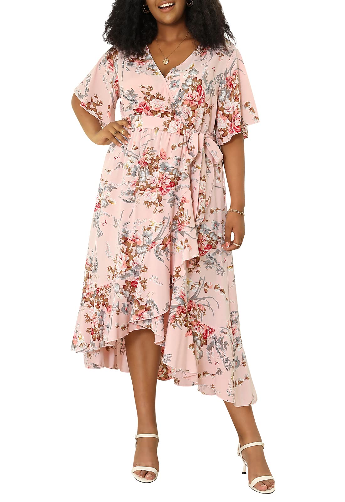 Keluummi Plus Size Maxi Dress for Women Floral Empire Waist V-Neck 3/4 Sleeve with Pockets(20 Plus, 02 - Pink Floral)