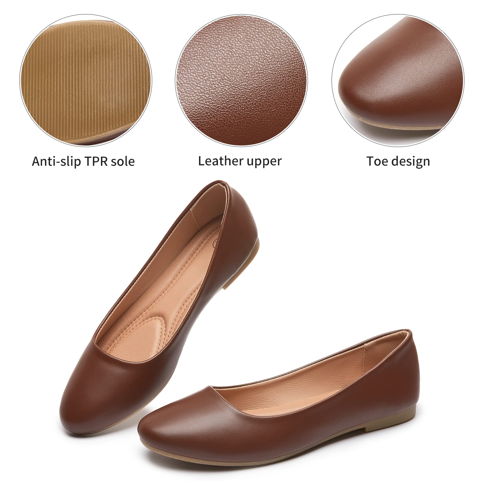 hash bubbie Women's Flats Shoes Ballet Flats Dress Shoes Comfortable PU Leather Slip on Shoes for Women(Brown.US6)