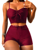 Lilosy Petite High Waisted Tummy Control Drawstring Bikini Set String Swimsuit Cami Top and Tie Side Shorts 2 Piece Women Bathing Suit Burgundy Red X-Small