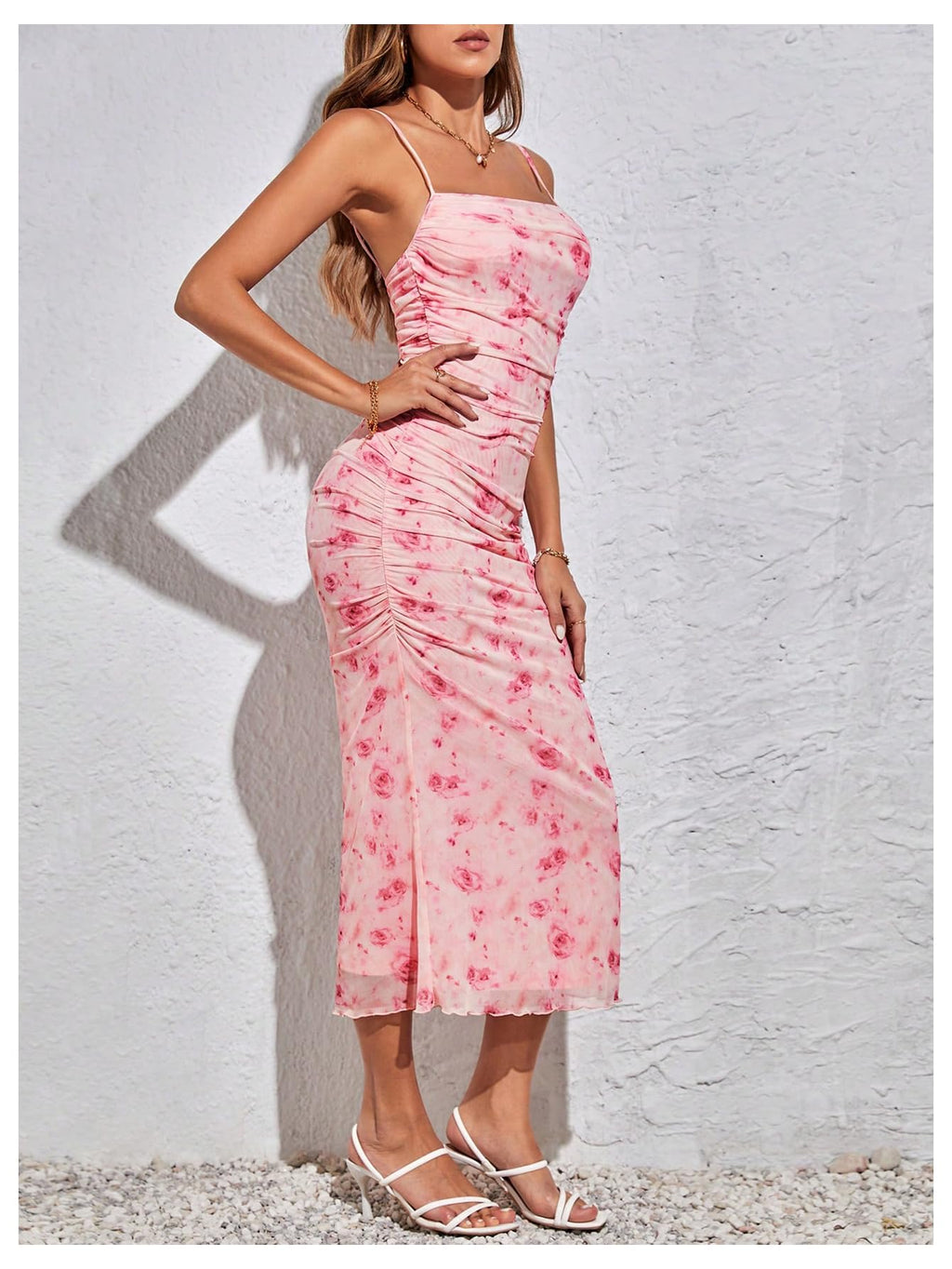 GORGLITTER Women's Floral Ruched Bodycon Fishtail Midi Dress Mesh Wedding Guest Dress Summer Cocktail Sundresses 2025 Pink Floral Tall-S