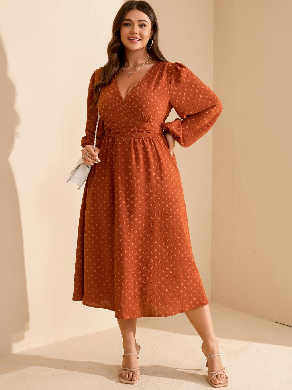 RWJ Women's Plus Size Fall Wedding Guest Dress Wrap V Neck Swiss Dot Lantern Long Sleeve Swing Boho Casual Dresses Burnt Orange X-Large