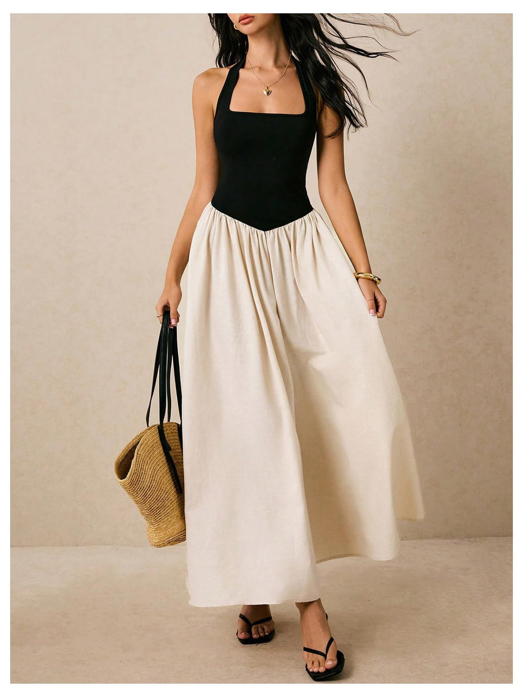 SOLY HUX Women's Halter Maxi Dress Color Block Sleeveless Backless A Line Flowy Going Out Party Long Dresses Multicoloured Small