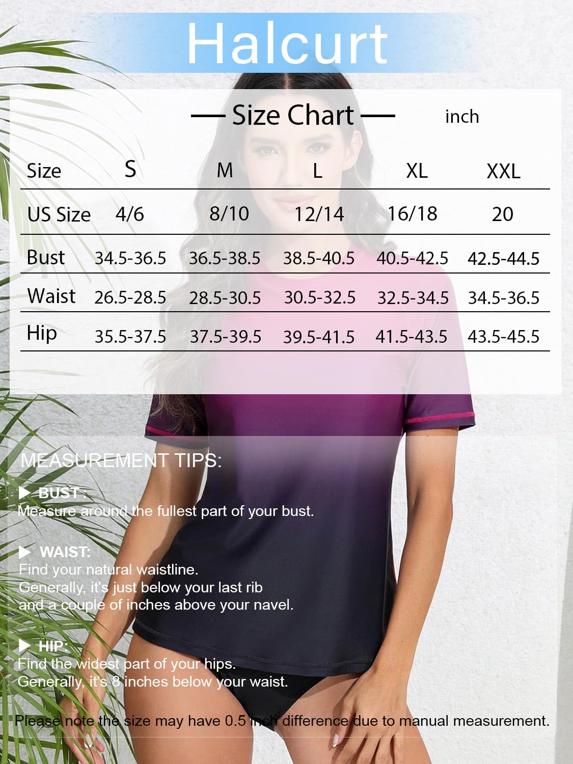 Halcurt Women's Short Sleeve Rash Guard Swimsuit Top with Built in Bra Swim Shirt UPF50+ Quick Dry Bathing Suit Ombre Black Purple XL