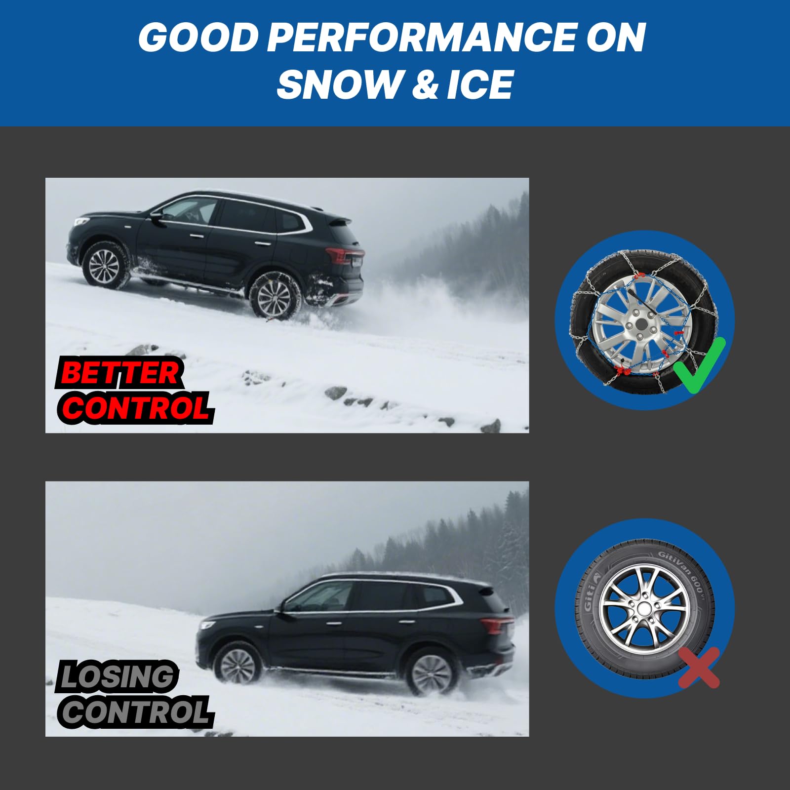 Snow Chains for Car Tires, Tire Chains for Passenger Cars, Sedan, SUVs, Quick Fit & Easy Installation Snow Tire Chains, Portable Reusable Emergency Tire Traction Chain, Set of 2 (HP1555)