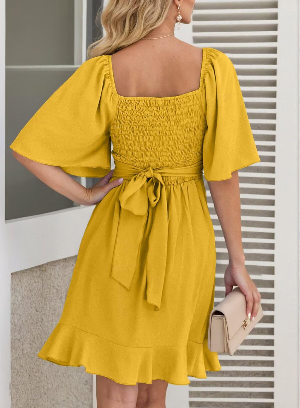 Dokotoo Dress for Women Summer Wrap V Neck Short Sleeve Smocked Elastic Waist Tiered Belted Ruffle Hem Mini Dress Party Dress Cocktail Dress Citrus L