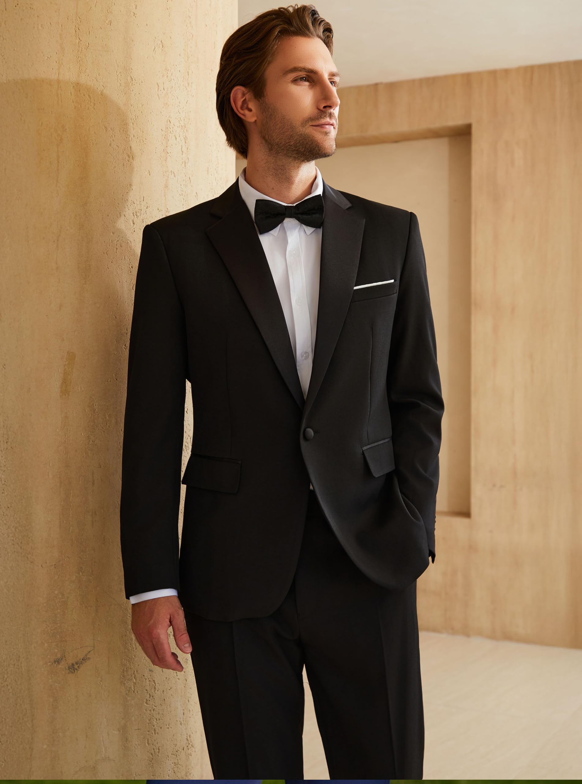 WULFUL Men's 2 Piece Slim Fit Suit Set One Button Blazer Jacket Pants Tuxedo Set for Prom, Wedding and Business Black
