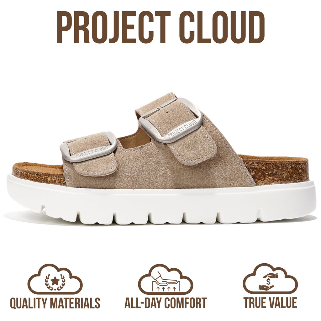 Project Cloud 100% Genuine Leather Platform Sandals Women Footwear - Wedge Chunky Slides for Women 2026 with Memory Foam Insole & Cork Footbed Womens Sandals (GreeceChunky)