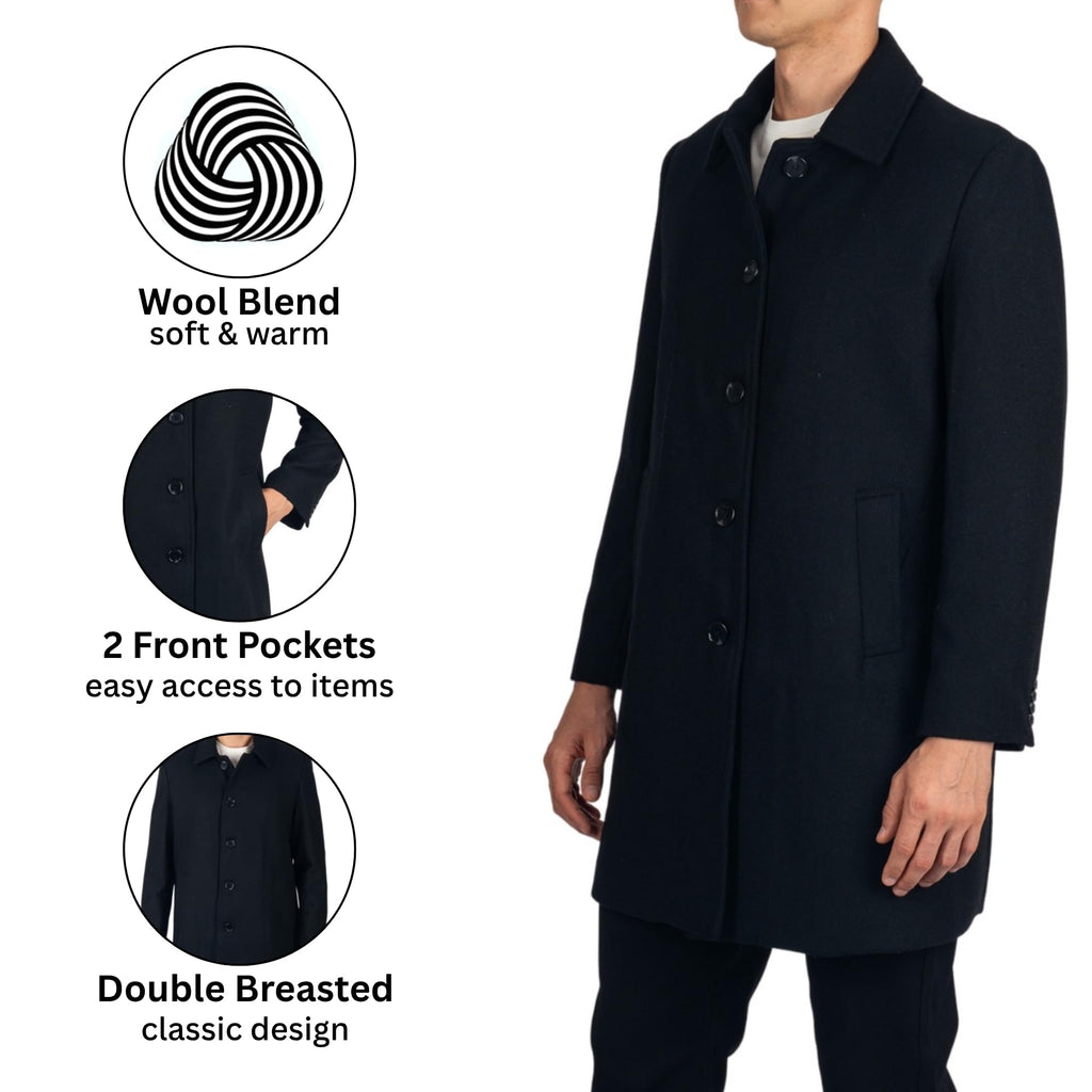Alpine Swiss Orson Mens Wool Blend Car Coat Tailored Long Topcoat for Men Single Breasted Overcoat Winter Jacket BLK XL