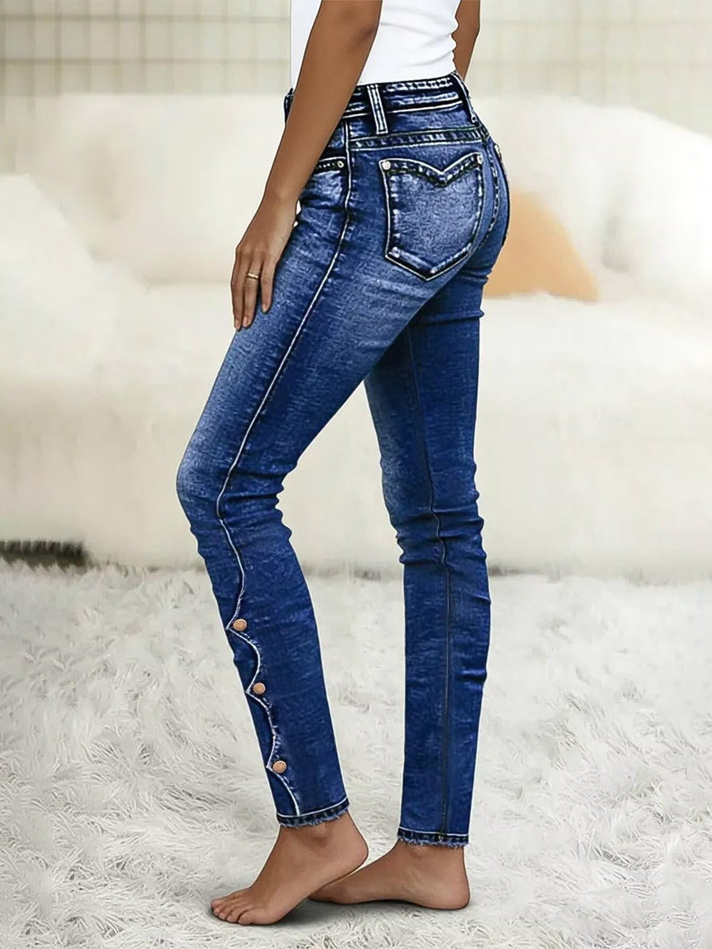 Flamingals Crop Jeans for Women Skinny High Rise Butt Lifting Raw Hem Embroiderd Ankle Jeans Decor Navy Blue M
