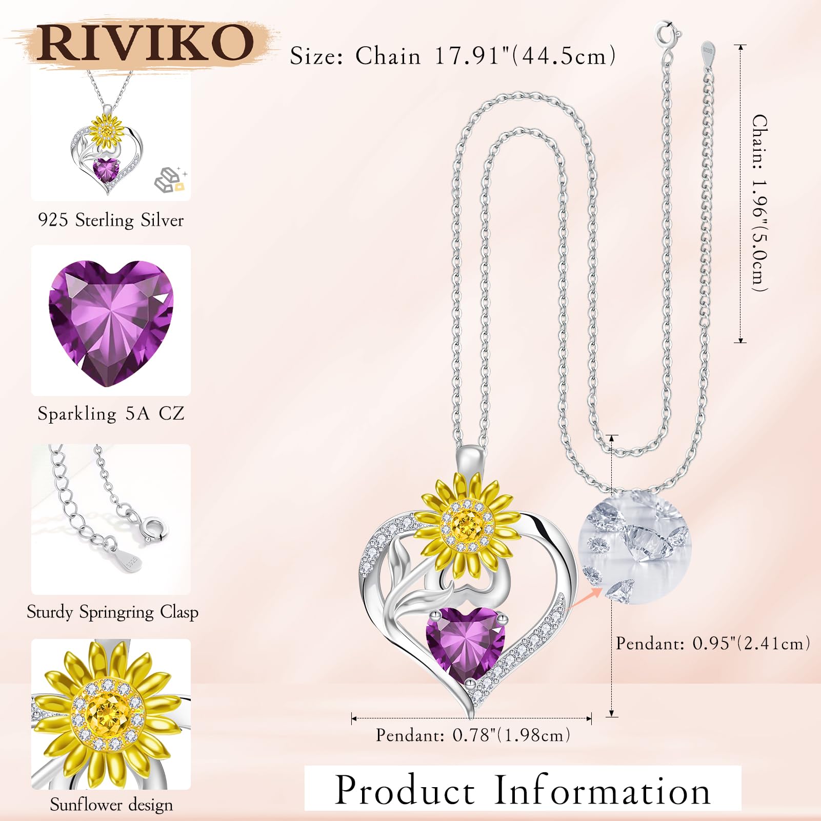 RIVIKO Valentine's Day Gifts for Her-Sunflower Birthstone Necklace for Women,925 Sterling Silver Heart Pendant,Anniversary Birthday Gifts for Women,Feb Birthstone Jewelry for Wife Mother