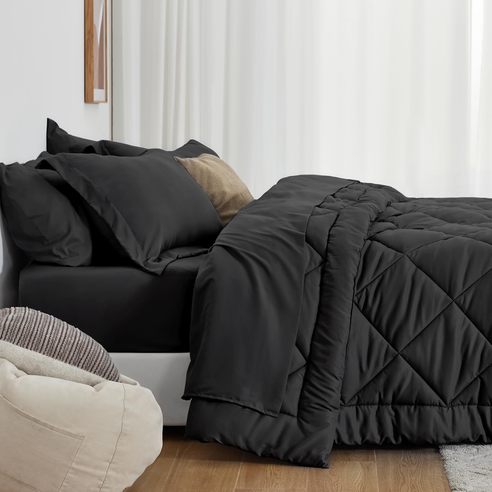 Love's cabin Queen Comforter Set Black, 7 Pieces Queen Bed in a Bag, All Season Bedding Sets with 1 Comforter, 1 Flat Sheet, 1 Fitted Sheet, 2 Pillowcase and 2 Pillow Sham