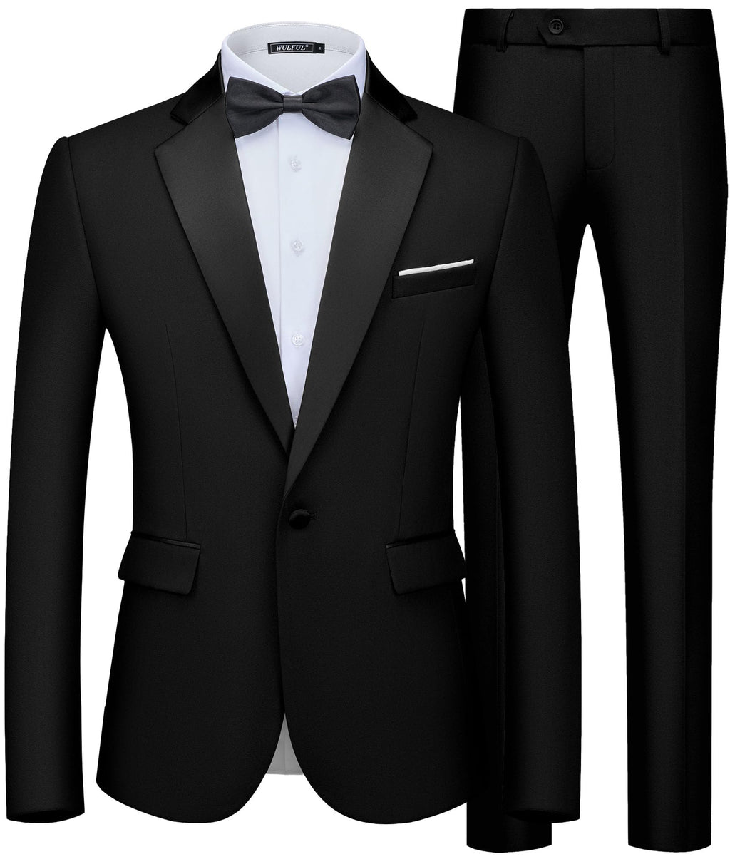WULFUL Men's 2 Piece Slim Fit Suit Set One Button Blazer Jacket Pants Tuxedo Set for Prom, Wedding and Business Black