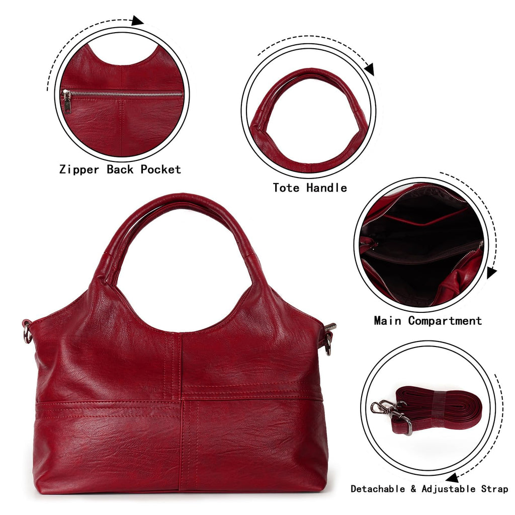 KOGTLA Vegan Leather Purses for Women with Detachable Satchel Strap, Ladies Handbags, Tote Hobo Bags with Top Handle Red