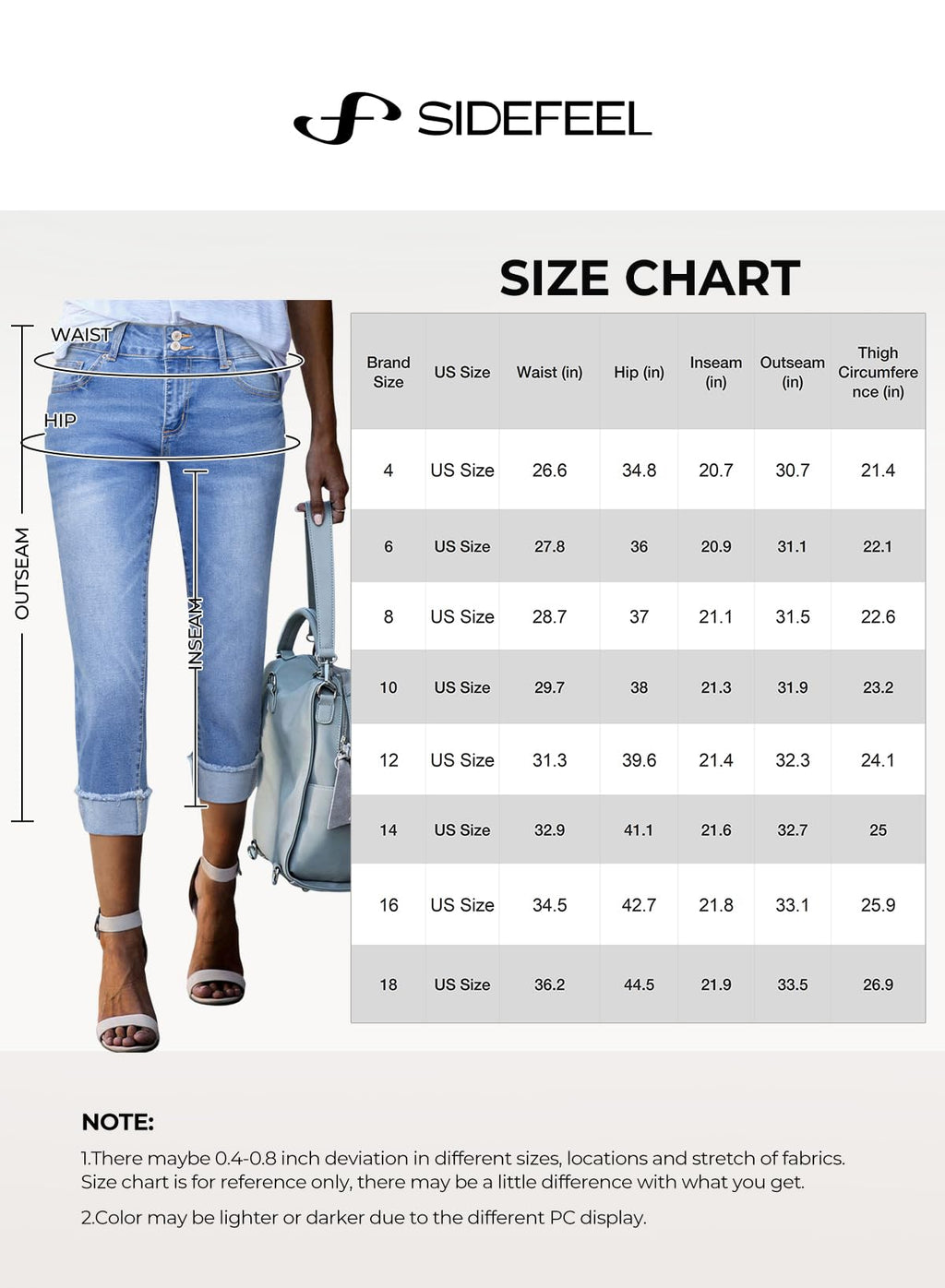 Sidefeel Women's High Waisted Stretchy Skinny Roll-up Summer Cuffed Cropped Denim Capri Pants Light Blue Size 6