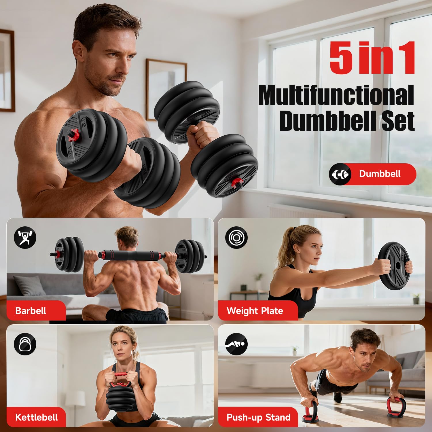 Cvonte Adjustable Dumbbell Set, 45lbs Free Weight Set With Double Locknut, 5-in-1 Dumbbells Set Includes Barbell, Kettlebells, Push up Stand, Fitness Exercise for Home Gym Suitable Men/Women