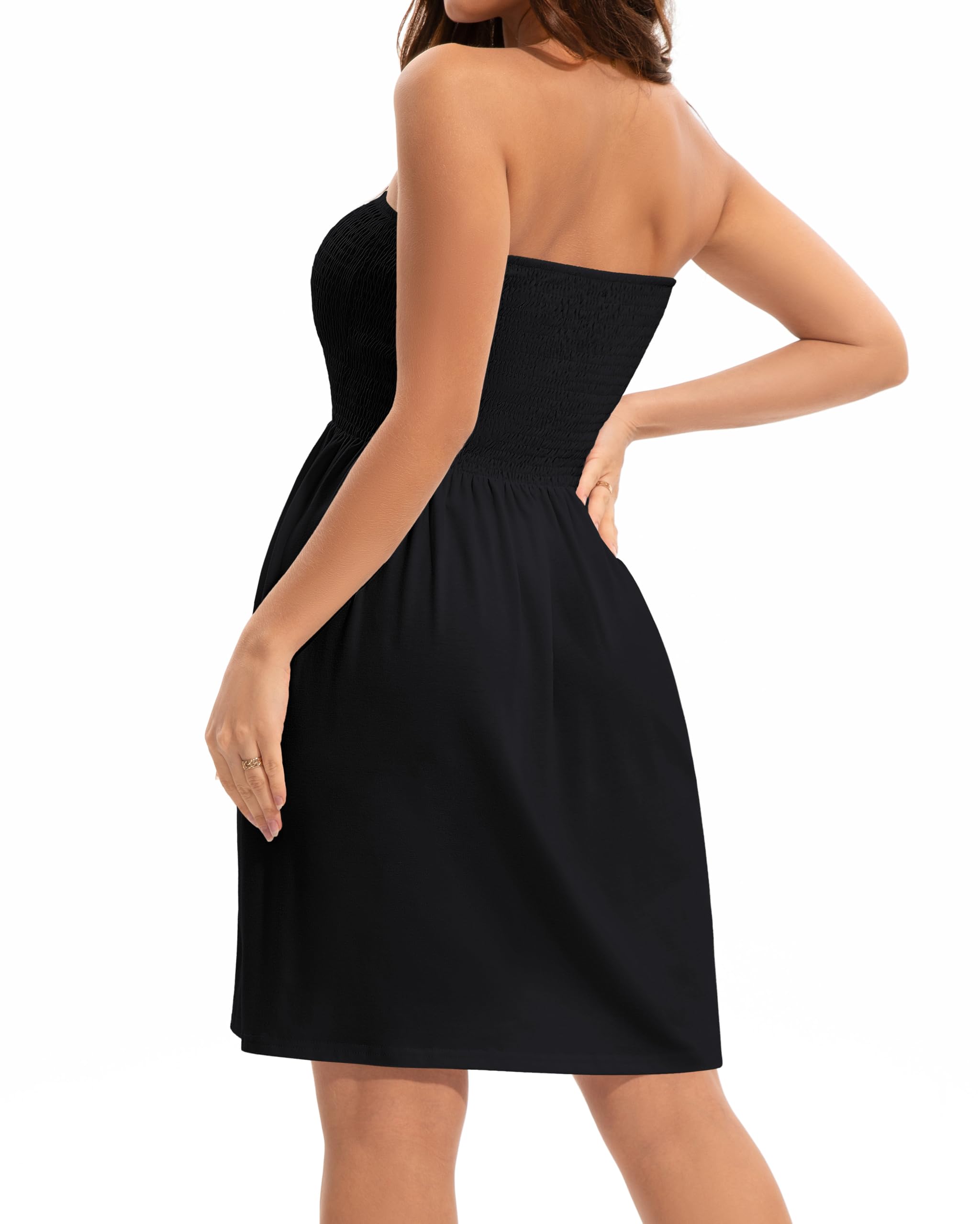 elescat Summer Dresses for Women Strapless Casual Beach Cover Ups Tube Top Sundress（Black, L