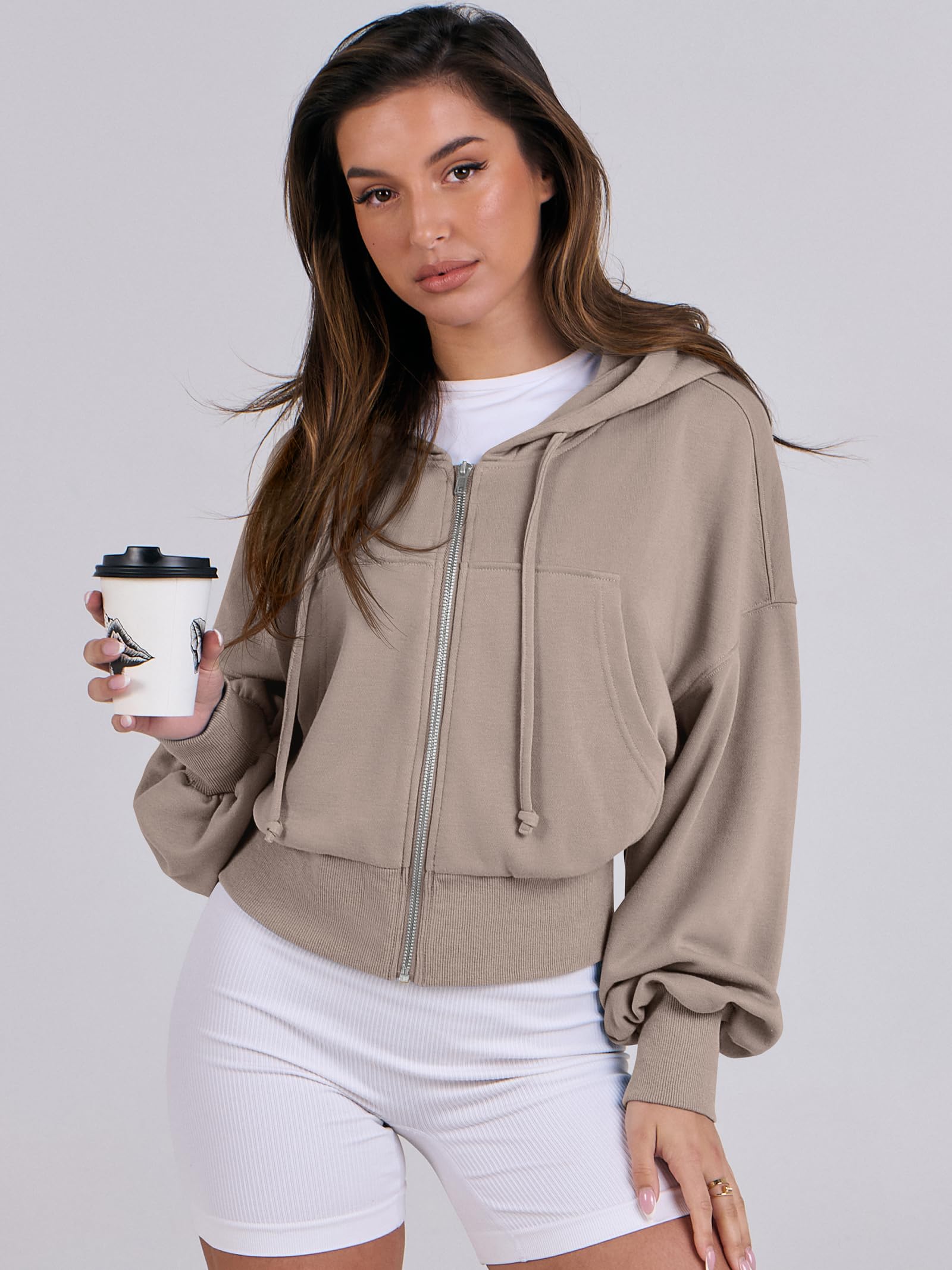 ANRABESS Womens Zip Up Hoodies Cropped Sweatshirts Casual Comfy Cute Zip Jackets Fashion Trendy Fall Outfits 2026 Y2K Clothes Khaki Medium