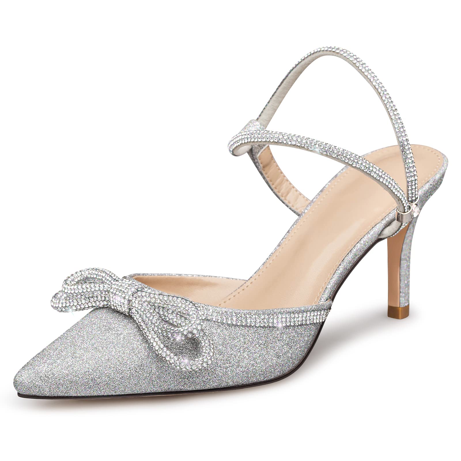 Susanny Women's Wedding Shoes Silver Bow Heels Sparkly Closed Toe Strappy High Heels Sexy Rhinestone Ankle Strap Pumps Bridal Party Dress Shoes8