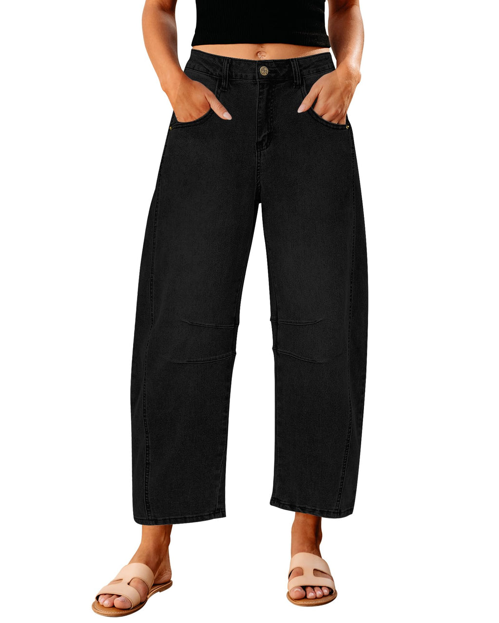 GRAPENT Barrel Jeans for Women Balloon Wide Leg Cropped Trendy Jeans Boyfriend High Waisted Jean Pants Casual Stretchy Summer Denim Trousers Color True Black X-Large Plus Size 16 to 18