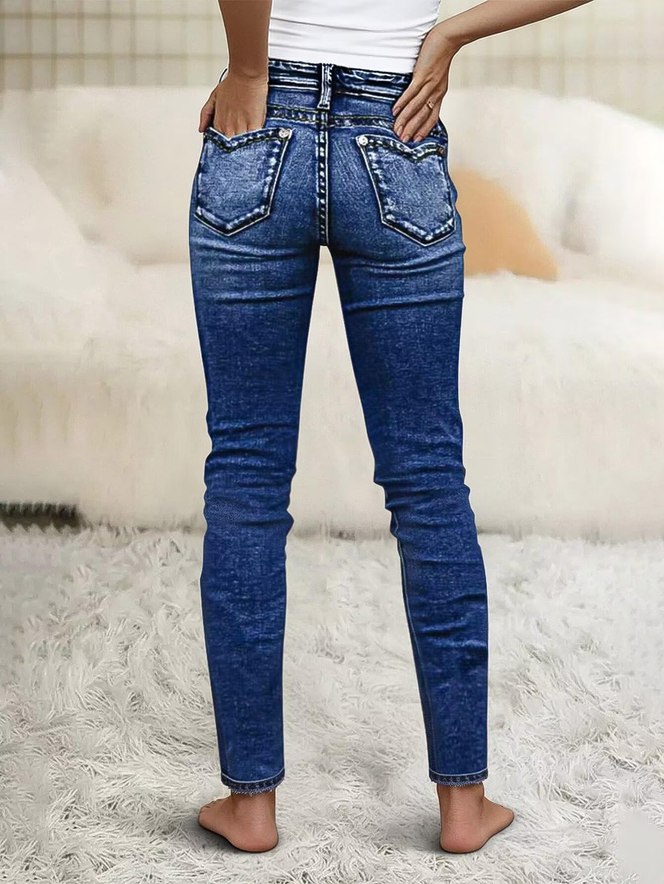 Flamingals Crop Jeans for Women Skinny High Rise Butt Lifting Raw Hem Embroiderd Ankle Jeans Decor Navy Blue M