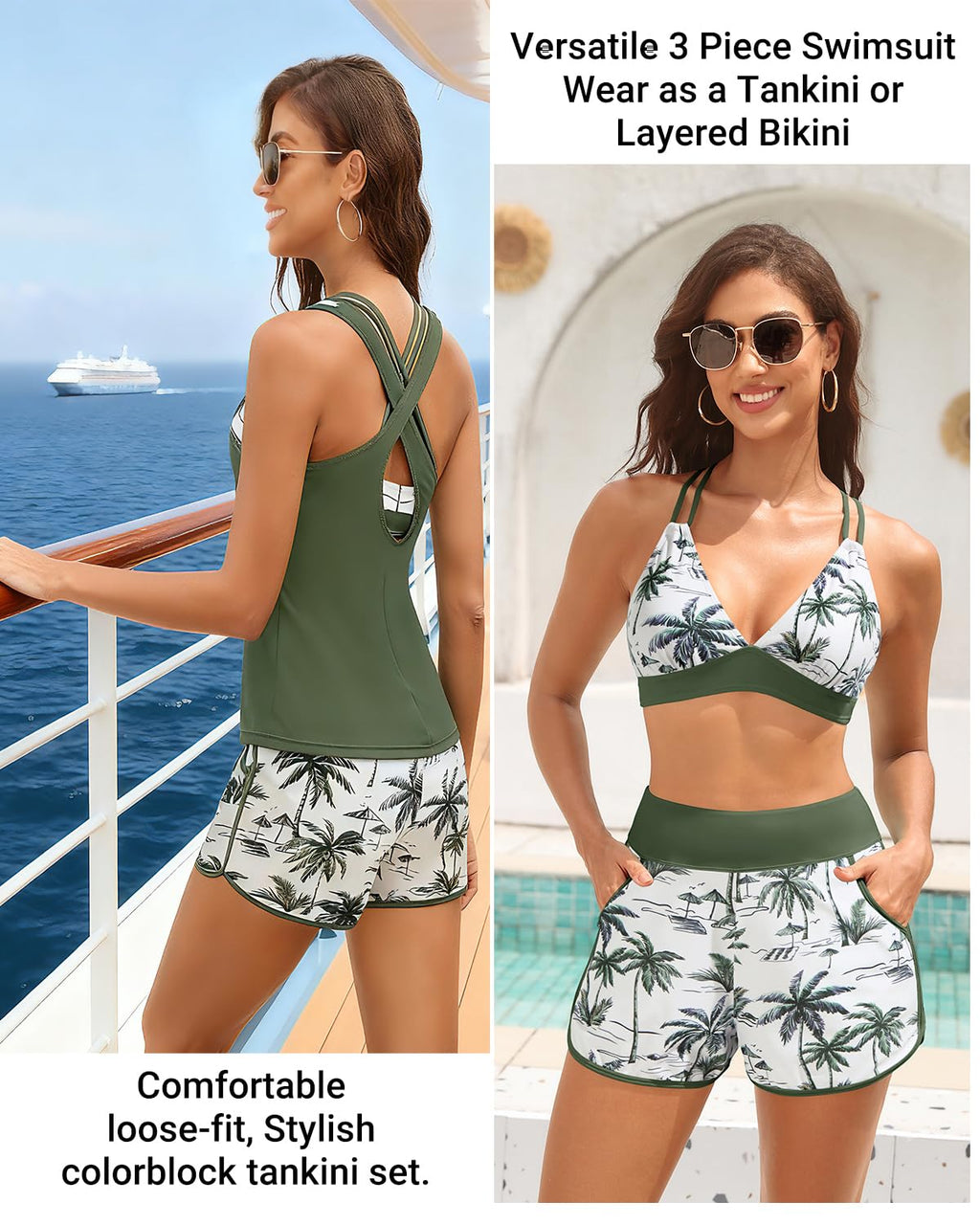 Daci Green Palm Tree Women 3 Piece Tankini Swimsuits - Tummy Control Tank Top with Bra Modest Bathing Suit with Pockets Boyshorts Bottom 2026 L
