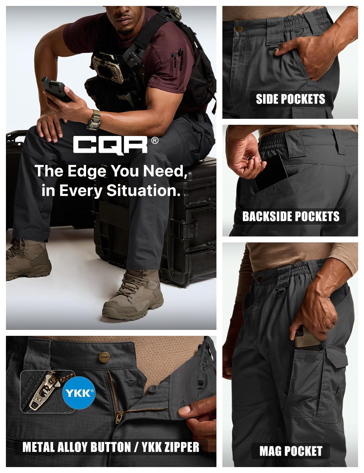 CQR Men's Tactical Pants, Water Resistant Ripstop Cargo Pants, Lightweight EDC Work Hiking Pants, Outdoor Apparel, Raider Mag Pocket Black, 34W x 30L