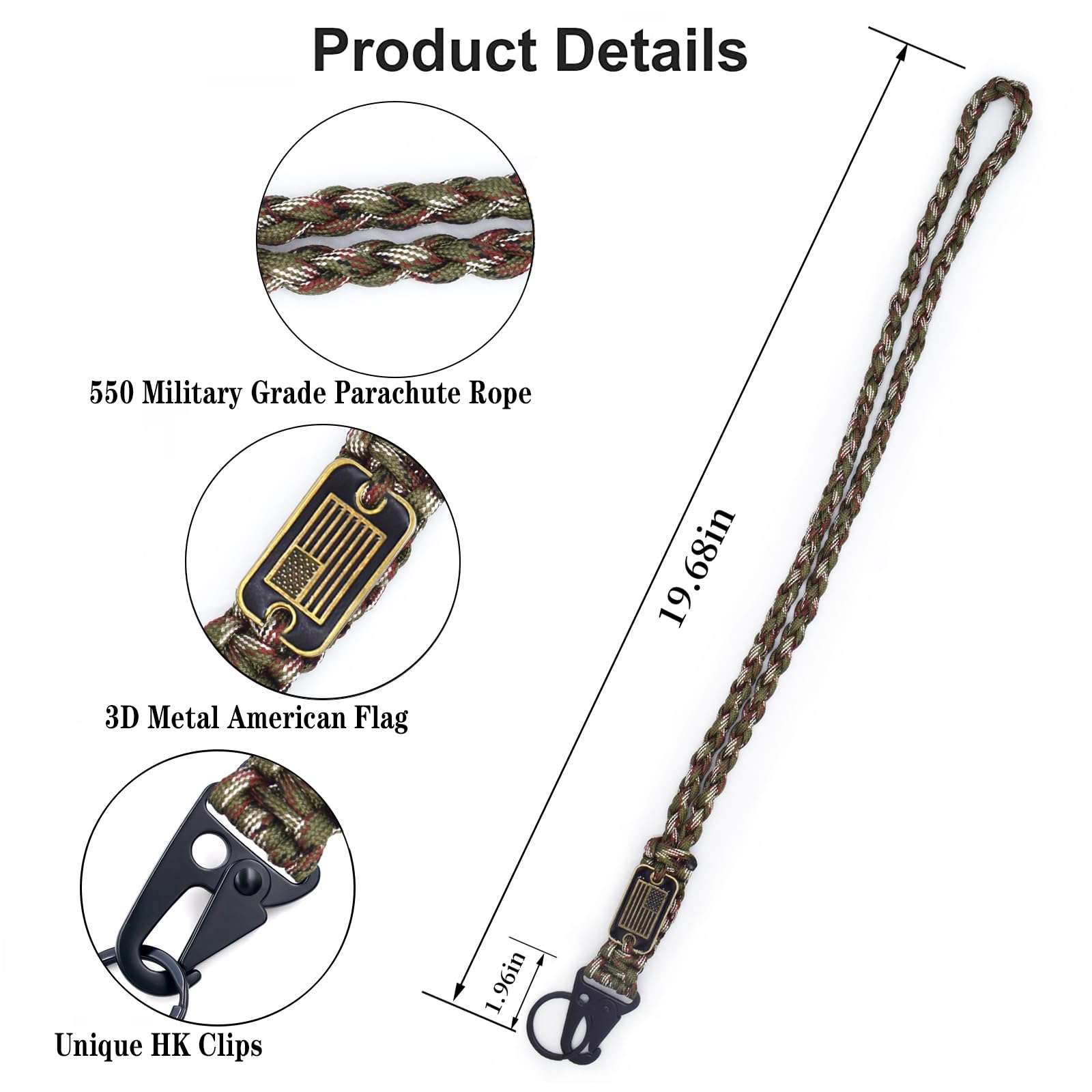ZXKHYOR 2 Pcs Heavy Duty Paracord Lanyard Necklace, 550 Braided Keychain Lanyard Strap with USA Flag, Parachute Rope Necklace Keychains, Braided Strong Keychains for Outdoor Activities, Camera, Keys