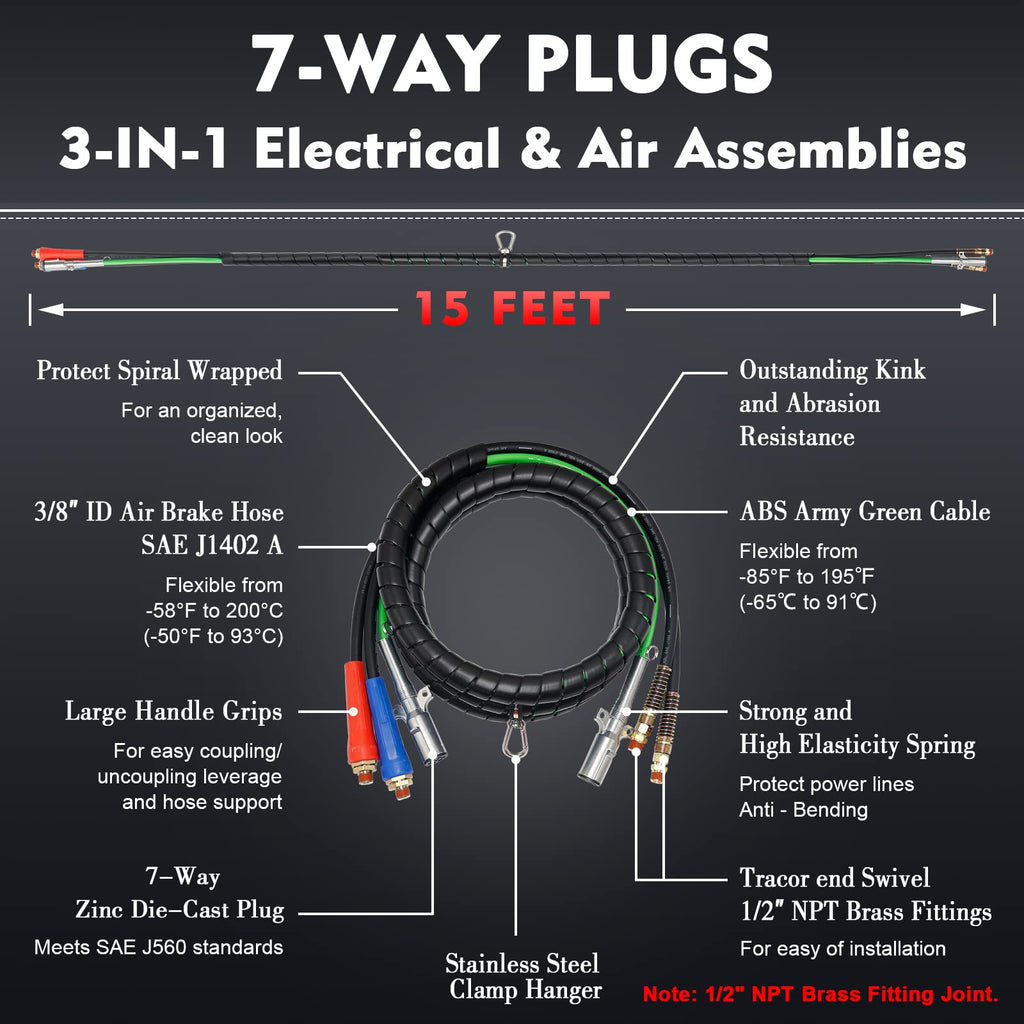 15FT Air Line Hose Kits, Dazakoot 3 in 1 Air Line for Truck Tractor Trailer, 7 Way ABS Electrical Cable and Semi AirLine Assembly with Aluminum Extension Handles and Emergency Glad Hands