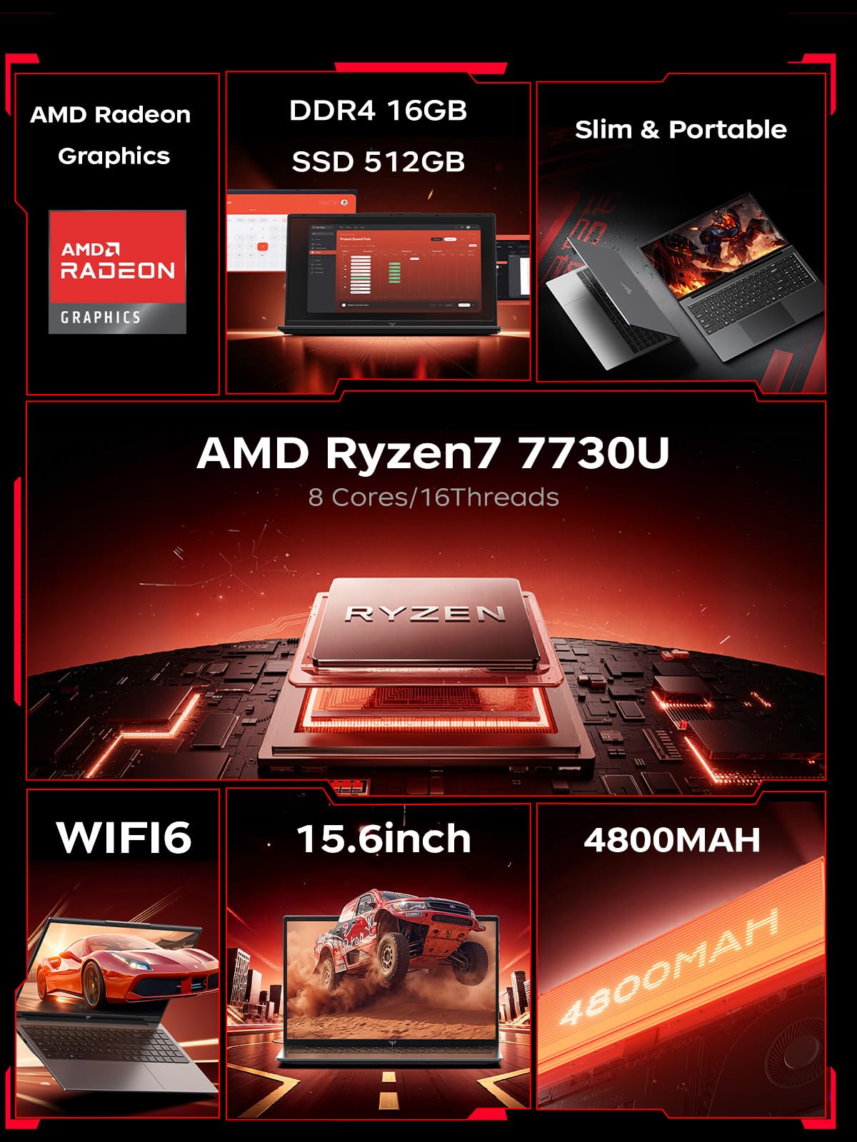 KAIGERR Gaming Laptop, 15.6inch Laptop with AMD Ryzen 7 7730U(8C/16T, Up to 4.5GHz), 16GB RAM 512GB NVMe SSD Windows 11 High Performance Laptop Computer, Up to 2TB, Radeon RX Vega 8 Graphics, WiFi 6